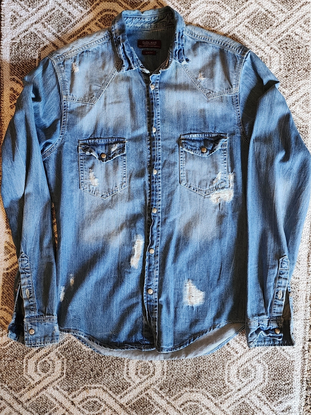 Zara Distressed Light Blue Denim Button-Down Shirt